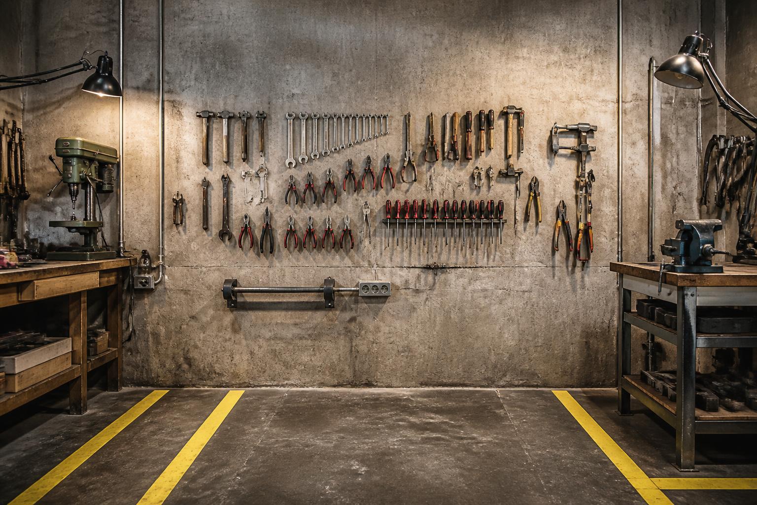 Mur d'outils et marquages au sol jaunes