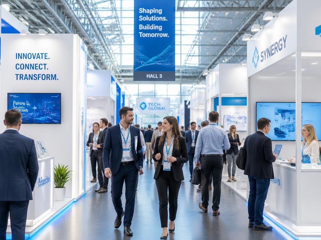Allée du salon avec stands et visiteurs professionnels